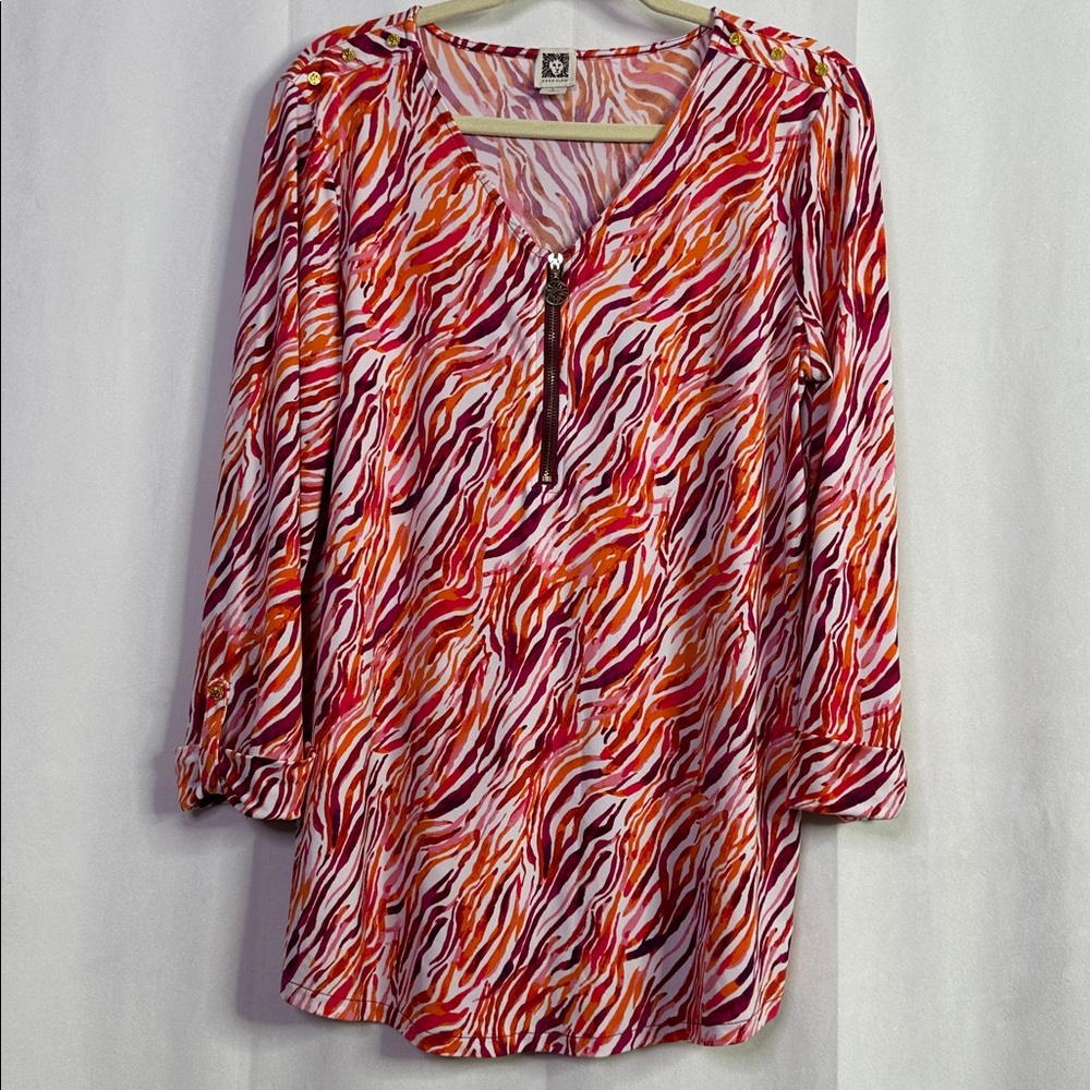 Anne Klein Animal Print Multicolor Zip Front Logo 3/4 Sleeve V-Neck Blouse